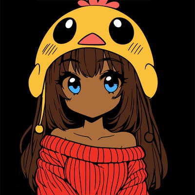 anime girl with chick shaped hat with sweater with bare shoulders with bangs covering them one eye with low tail