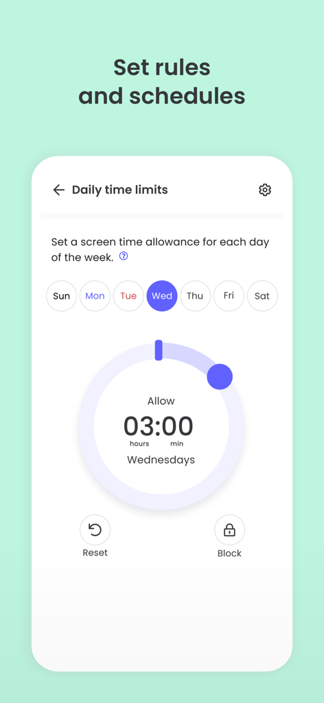 Interfaz para establecer asignaciones y horarios de tiempo de pantalla diario en la App Qustodio para Niños