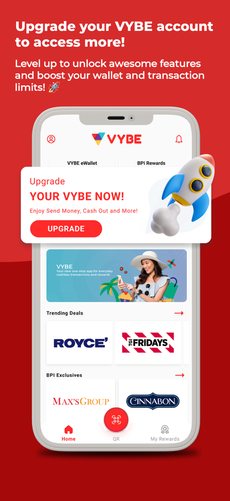 VYBE by BPI app interface showing an upgrade prompt to unlock features and a list of lifestyle rewards from brands like TGI Fridays and Cinnabon.
