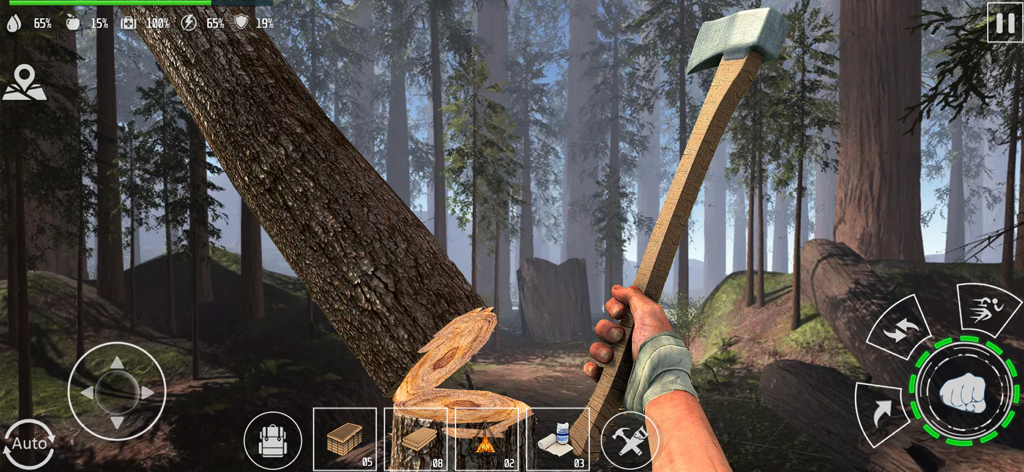 Woodcraft Survival Island Game - First-person view of a player chopping a tree with an axe in a forest survival game.