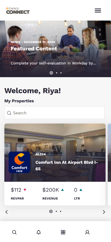 Comfort Inn의 RevPAR 및 수익과 같은 주요 성과 지표를 보여주는 숙소 대시보드를 표시하는 ChoiceConnect 앱 홈 화면입니다.