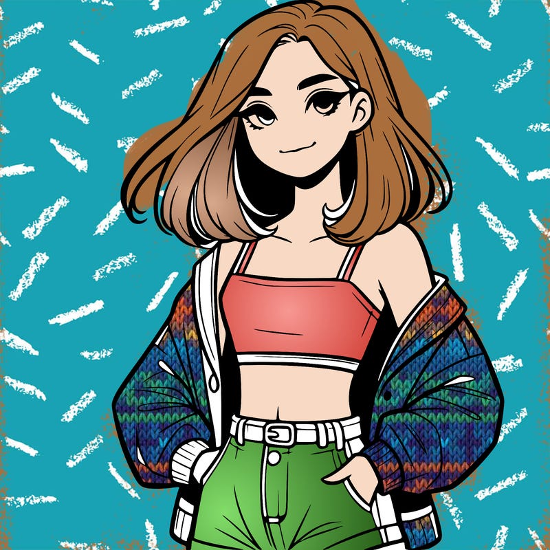 a realistic girl with a crop top and short shorts in an open jacket