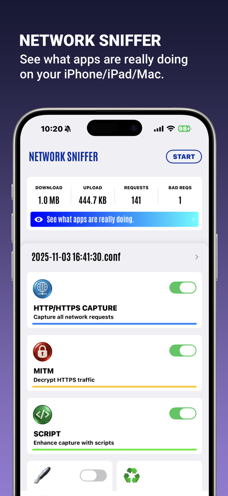 Network Sniffer app interface showing real-time network traffic stats and capture settings