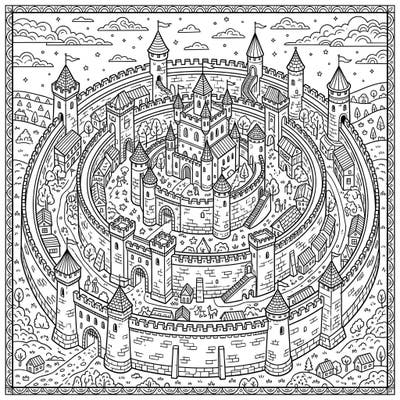 Step into a world of intricate medieval architecture with this stunning concentric castles coloring page. Discover layered defenses, charming village details, and endless creative possibilities within its grand design.