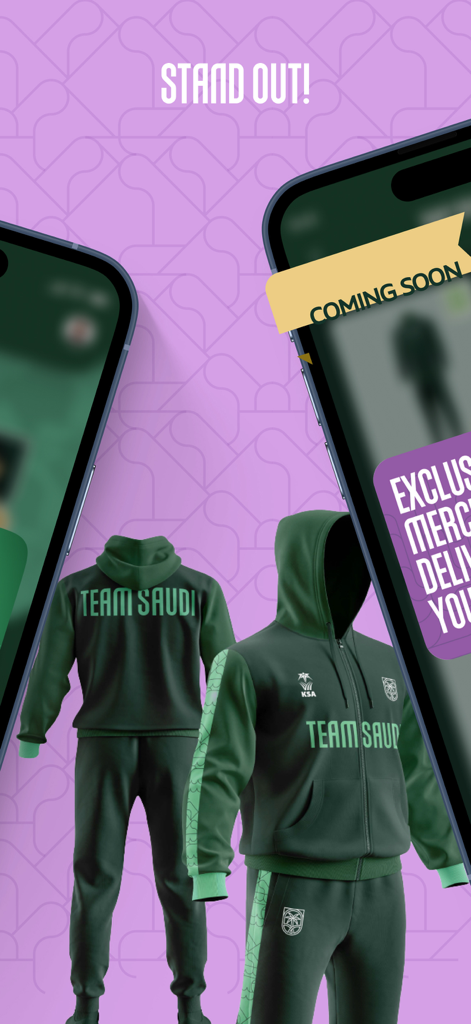 Team Saudi branded green tracksuit with coming soon merchandise feature on the mobile app interface