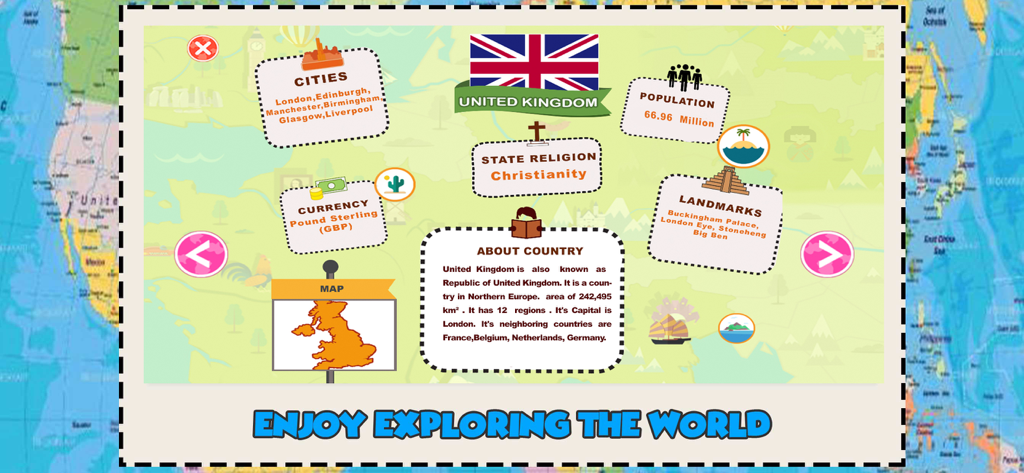 World Map Quiz Geography Games - Educational screen showing United Kingdom geography facts including the flag, population, major cities, and landmarks.