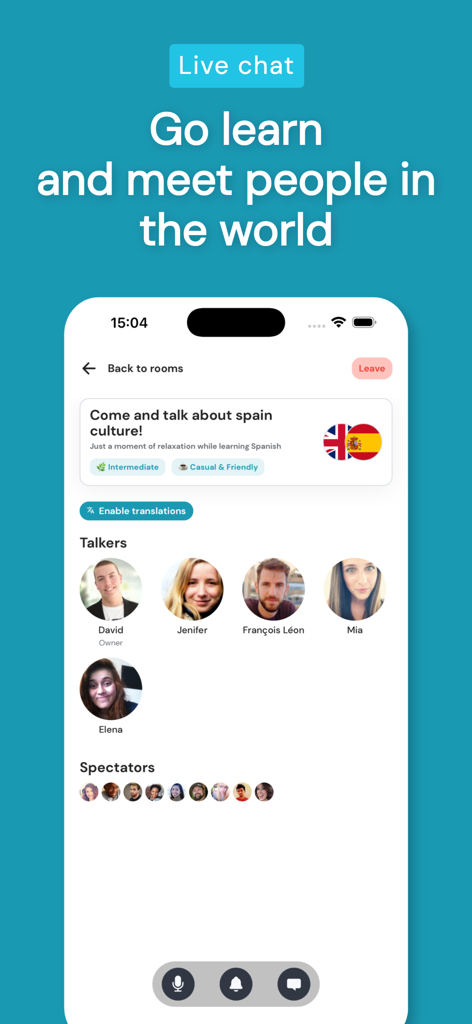Vocalis: Learning Languages - Interfaz de la aplicación móvil que muestra una sala de chat de voz en vivo para aprender español y conocer gente