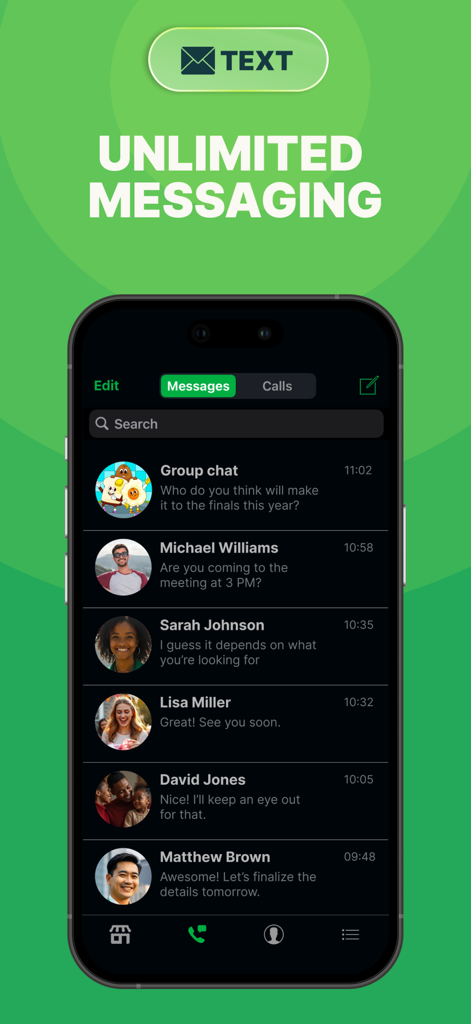 Screenshot of textPlus app showing a list of chat conversations with the title Unlimited Messaging