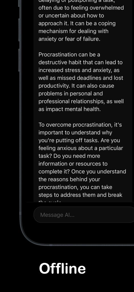 Local AI app screenshot showing an offline chat about overcoming procrastination