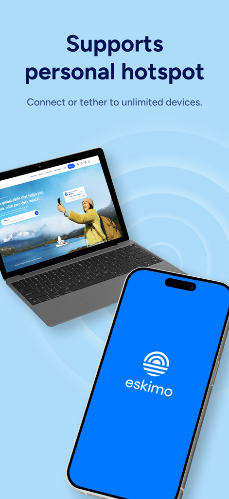 Interface do aplicativo Eskimo eSIM em um laptop e smartphone mostrando suporte para hotspots pessoais e tethering para dispositivos ilimitados.