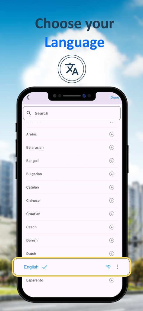 Écran d'application mobile montrant une liste de langues à choisir pour la traduction, y compris l'anglais avec un indicateur de mode hors ligne