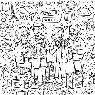 Celebrate the joy of travel and friendship with this delightful coloring page featuring elderly friends on a memorable vacation. Discover a world of adventure filled with iconic landmarks and travel essentials, ready for your creative touch.