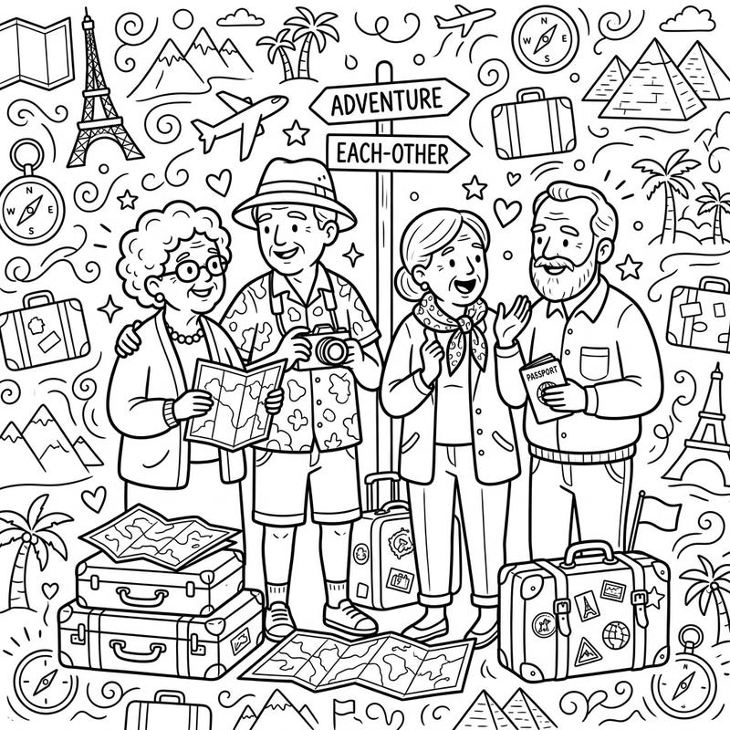 Celebrate the joy of travel and friendship with this delightful coloring page featuring elderly friends on a memorable vacation. Discover a world of adventure filled with iconic landmarks and travel essentials, ready for your creative touch.