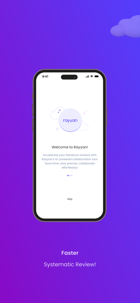 Welcome screen for Rayyan mobile app designed for systematic literature reviews