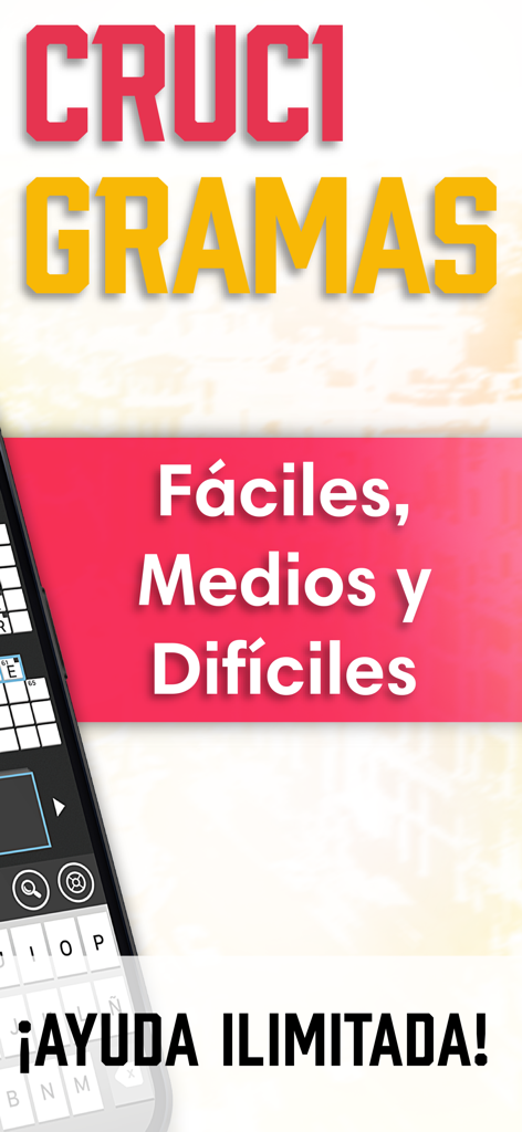 Crucigramas en Español :) - Imagen promocional de la aplicación Crucigramas en Español destacando diferentes niveles de dificultad y ayuda ilimitada