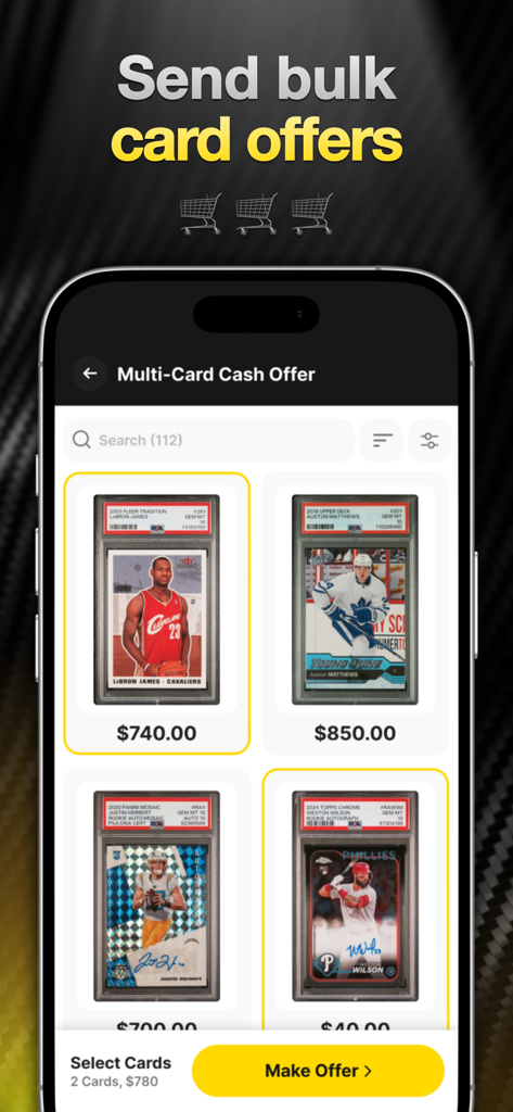 Schermata dell'app mobile My Card Post che mostra una selezione di carte sportive per un'offerta in contanti all'ingrosso