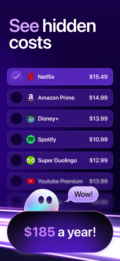 Interfaccia del gestore abbonamenti Orbit che mostra un elenco di costi mensili per app come Netflix e Disney Plus con una spesa annuale totale di 185 dollari