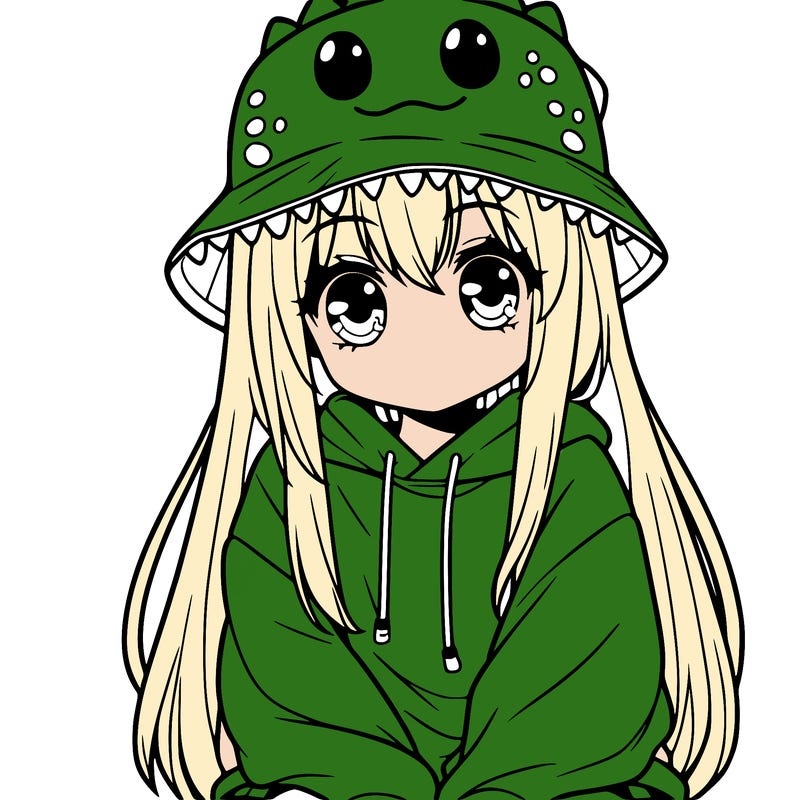 girl with anime shaped eyes with a dinosaur bucket hat oversized sweatshirt long straight hair