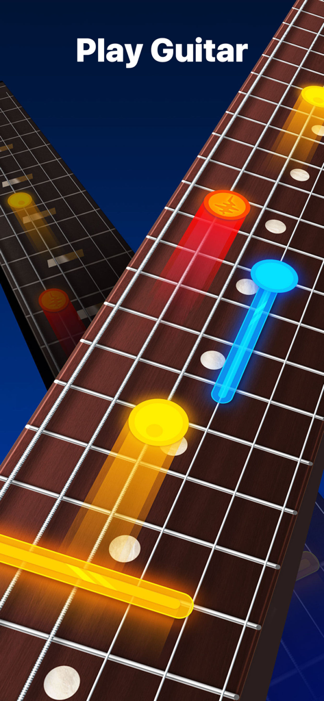 Guitar Play app screen showing colorful notes on a virtual guitar fretboard