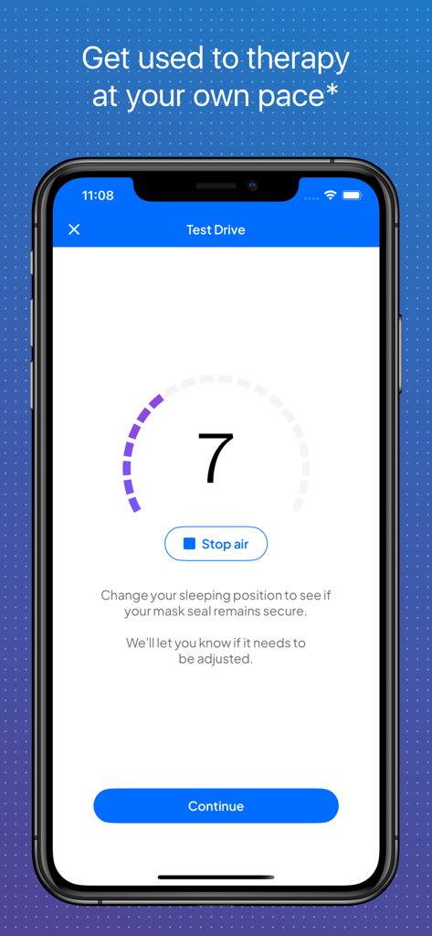 Smartphone screen showing the myAir app Test Drive feature with a mask seal gauge and instructions.