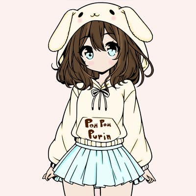 pretty anime girl wearing a fluffy hoodie with bunny ears on the hood and a skirt