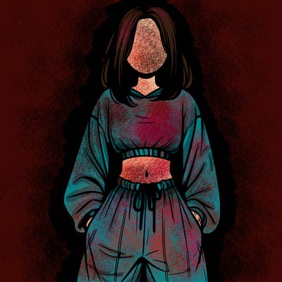 realistic girl faceless with baggy pants and a crop top