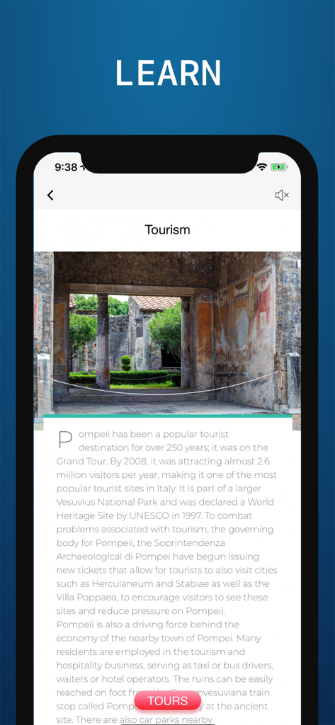 Pantalla de teléfono móvil mostrando información histórica y una foto de ruinas antiguas en la aplicación Guía de Viaje de Pompeya
