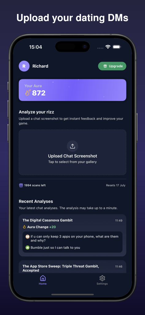 Ranked Rizz - Tela inicial do aplicativo Ranked Rizz mostrando a interface para enviar capturas de tela de chats de namoro para análise de IA e pontuação de aura do usuário