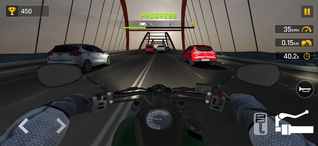 Traffic Bike 3D: City Tour - First person perspective of a motorcycle riding through highway traffic on a large bridge