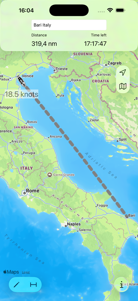 Cruise Nav - Cruise Nav app interface showing a ship tracking route from Venice to Bari with speed and distance information