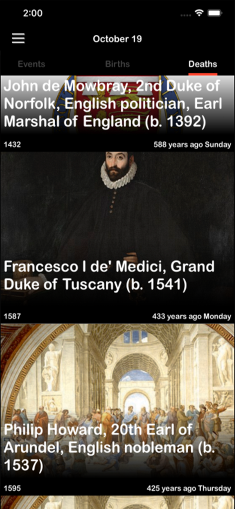 Schermata dell'app mobile che mostra un elenco di decessi storici del 19 ottobre con ritratti e descrizioni