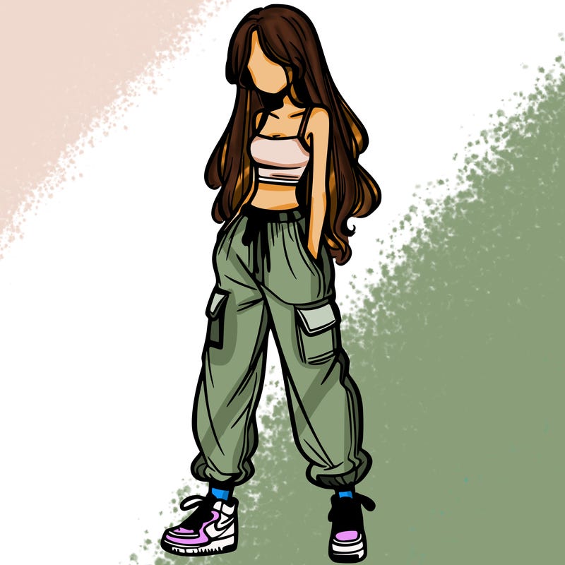 girl in baggy pants crop top and long hair