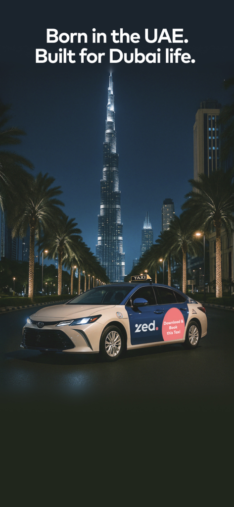 Táxi da marca Zed estacionado em frente ao Burj Khalifa no Dubai à noite