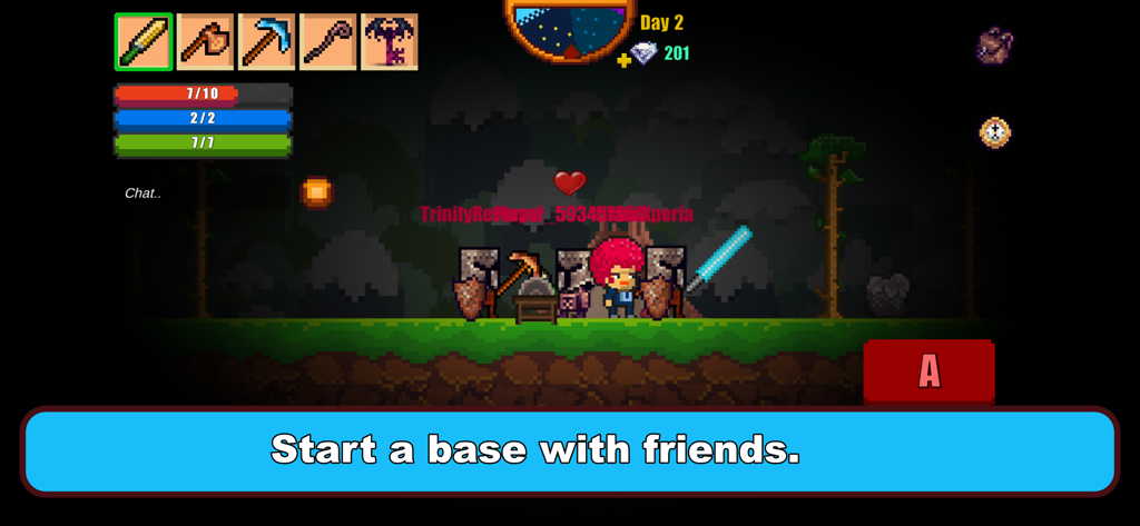 Pixel Survival Game 2 - Pixel Survival Game 2 gameplay screenshot showing several pixelated characters together with the caption Start a base with friends