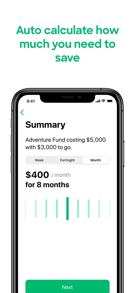 Pantalla de la aplicación Loot mostrando un plan de ahorro autocalculado para un fondo de aventura