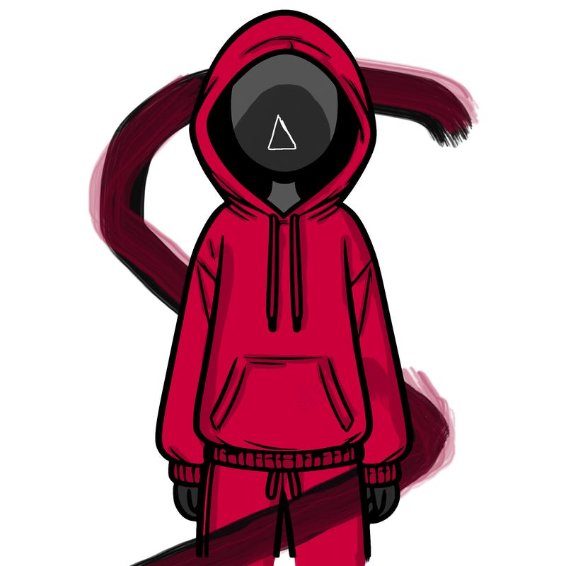 faceless girl in a tracksuit with a hood on and no hair