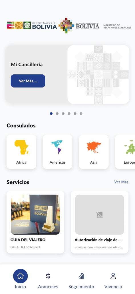 Cancilleria Bolivia - Home screen of the Cancilleria Bolivia app featuring consular services and traveler guides