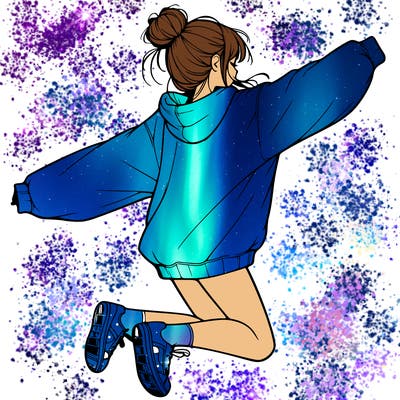 realistic girl jumping with a bun and oversized sweatshirt