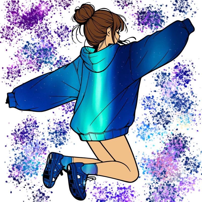 realistic girl jumping with a bun and oversized sweatshirt