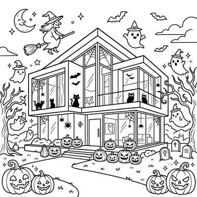 Experience Halloween in style with this unique coloring page featuring a modern mansion decked out for spooky fun. Bring ghosts, witches, and pumpkins to life with your most creative colors!