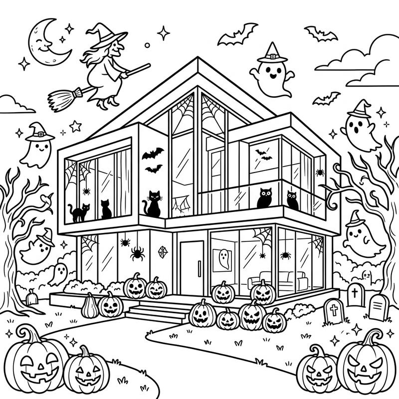 Experience Halloween in style with this unique coloring page featuring a modern mansion decked out for spooky fun. Bring ghosts, witches, and pumpkins to life with your most creative colors!
