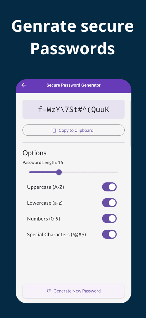 Wifi Password Automatic - Secure password generator screen with options to customize length and character types
