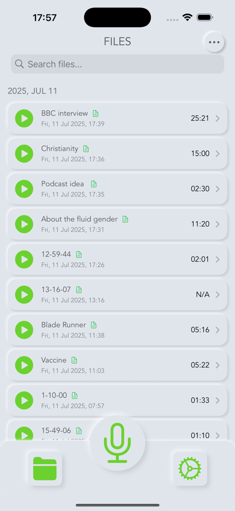 Talk Notes app screen displaying a list of saved voice recordings and a record button