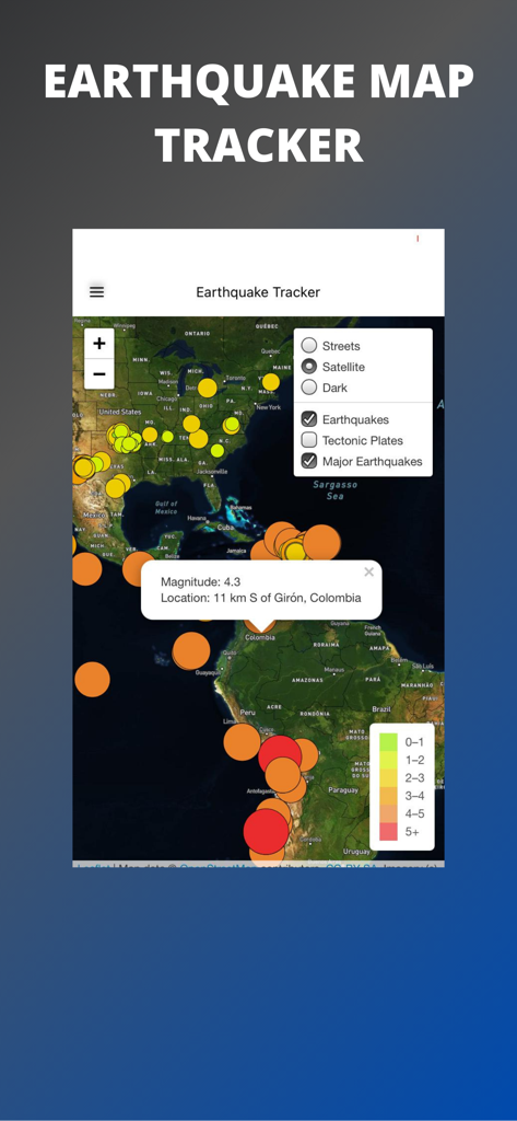 Earthquake Map Tracker - Interfaz de la aplicación Rastreador de Terremotos en tiempo real que muestra la actividad sísmica y los detalles de magnitud en un mapa satelital