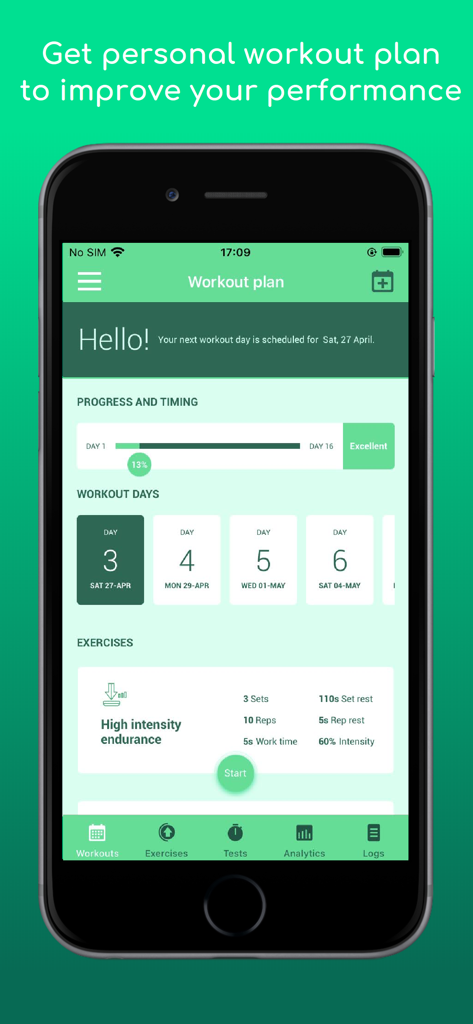 Climbro - A smartphone screen showing the Climbro app's personalized climbing workout plan with training days and exercise metrics.