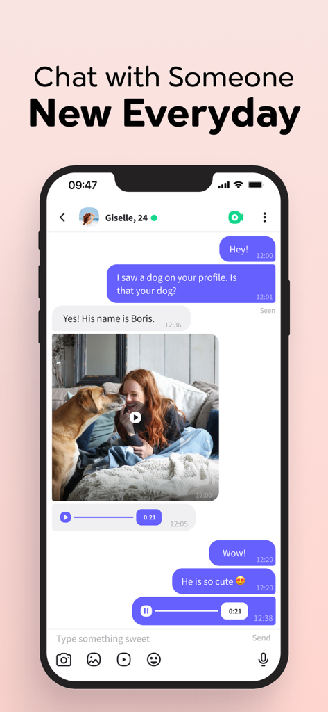 Waplog app chat interface showing photo and audio messages