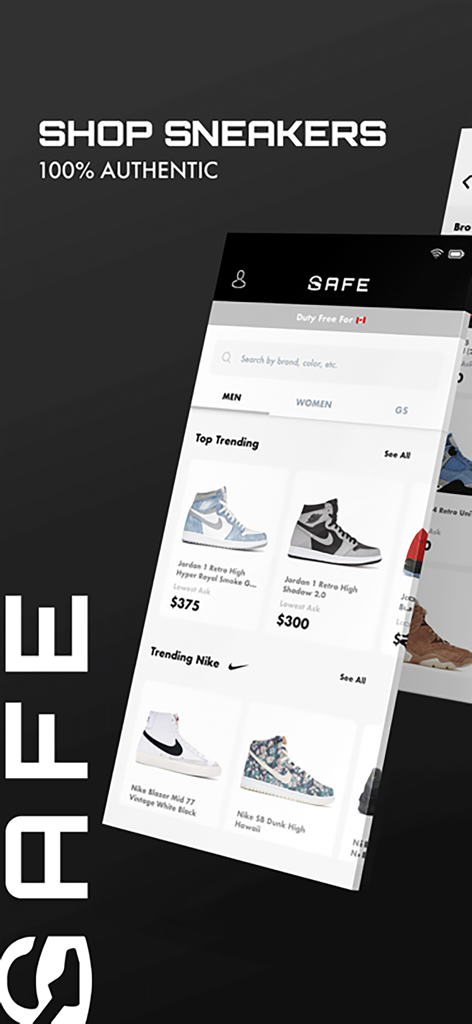 Mobile app interface for SAFE showing authentic trending sneakers with real-time market pricing.