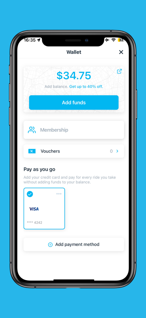 Whip Rideshare - Whip Rideshare app wallet screen showing account balance and saved payment methods