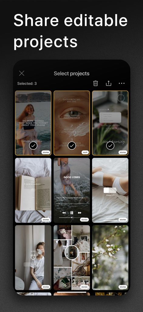 Graphionica: Story Maker - Bildschirm der Graphionica-App, der eine Auswahl bearbeitbarer Social-Media-Story-Vorlagen zeigt