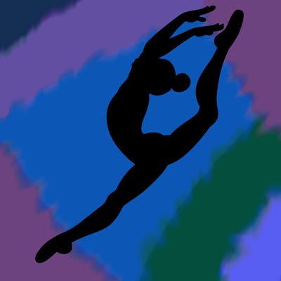 gymnast doing a leap in a leotard with a bent back leg
